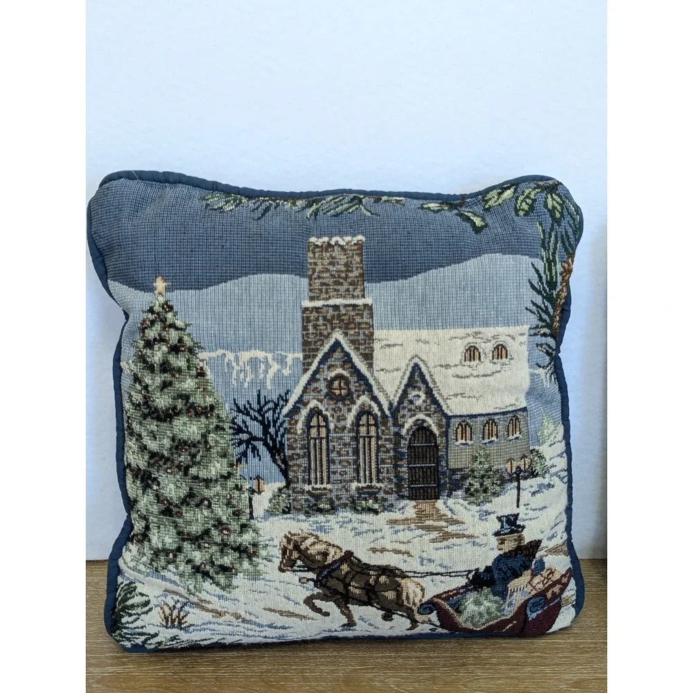 Christmas Snow Scene Tapestry Pillow Set Carolers Church Decor Blue 11x11